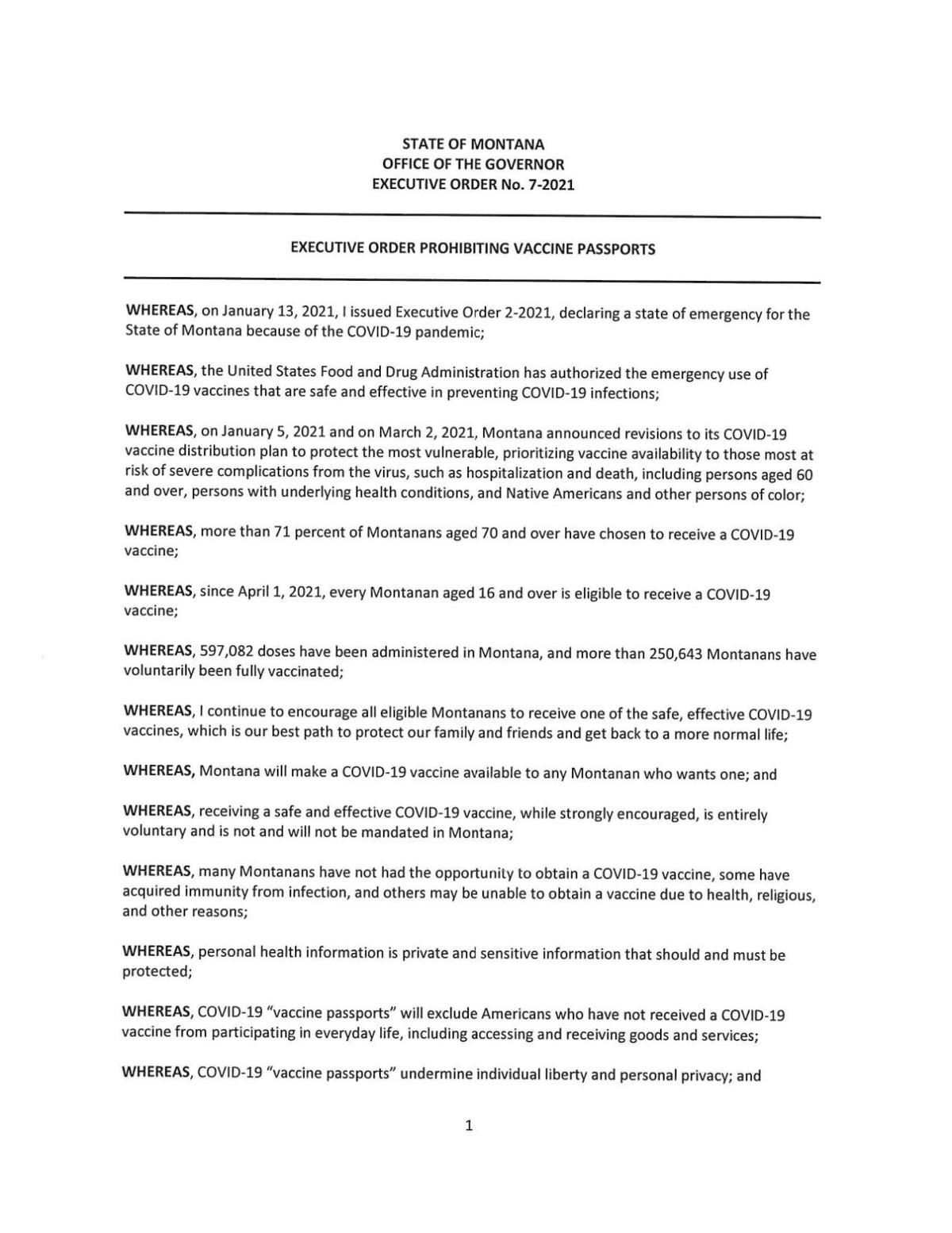 Gov. Gianforte issues executive order prohibiting vaccine passports