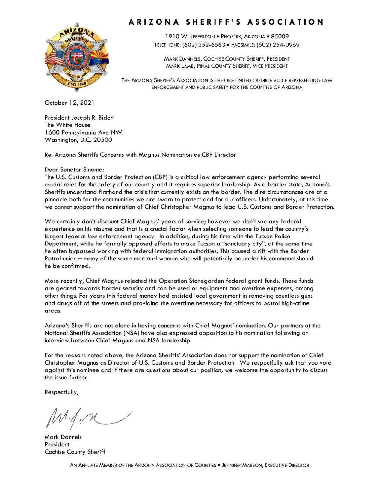 Arizona Sheriff's Association Magnus Nomination Concerns