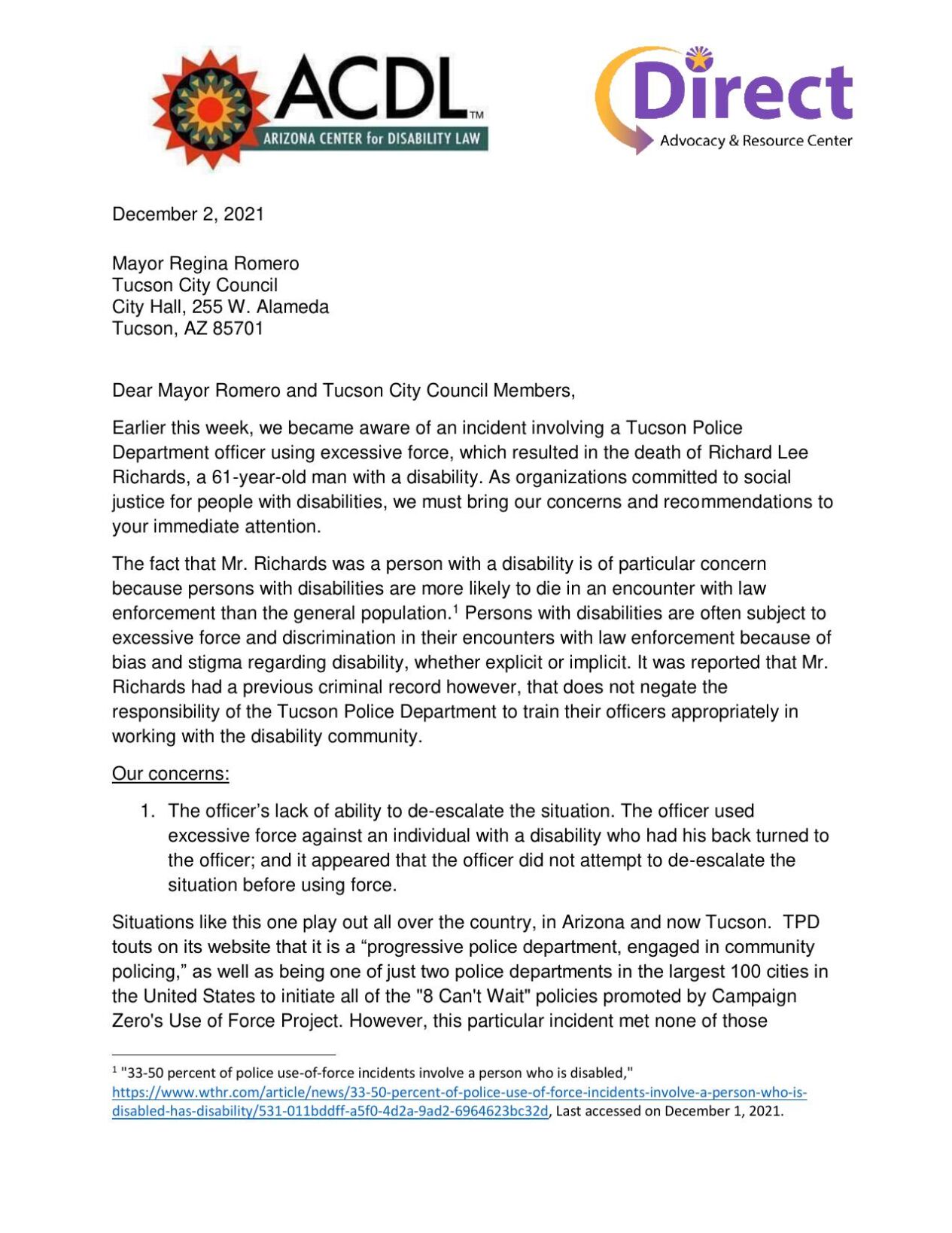 Arizona Center for Disability Law sent letter to Tucson mayor, council in  response of officer-involved shooting | News 