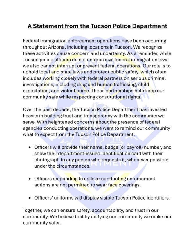 TPD posts statement on Immigration Enforcement | News | kvoa.com