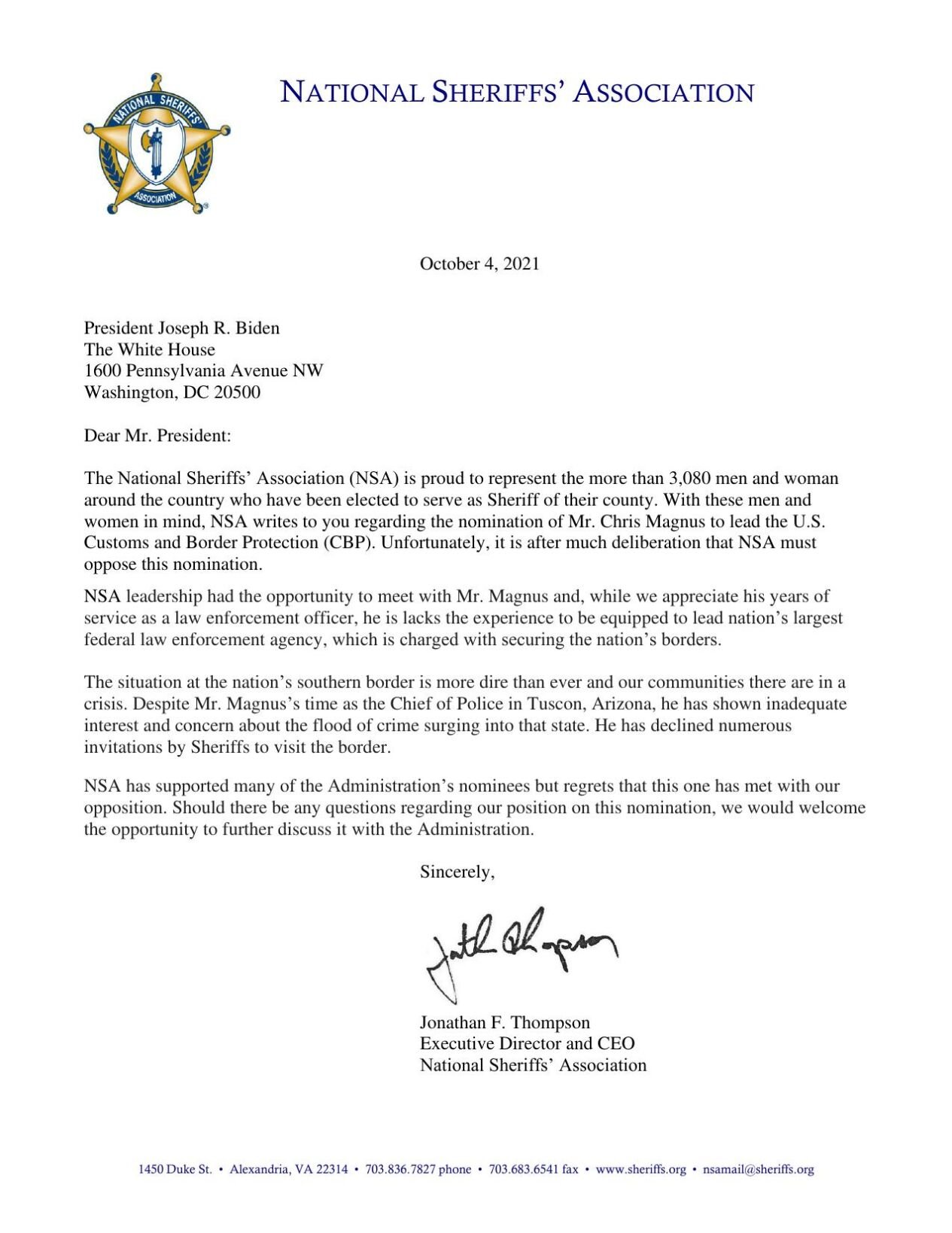 National Sheriffs' Association Letter to President Biden