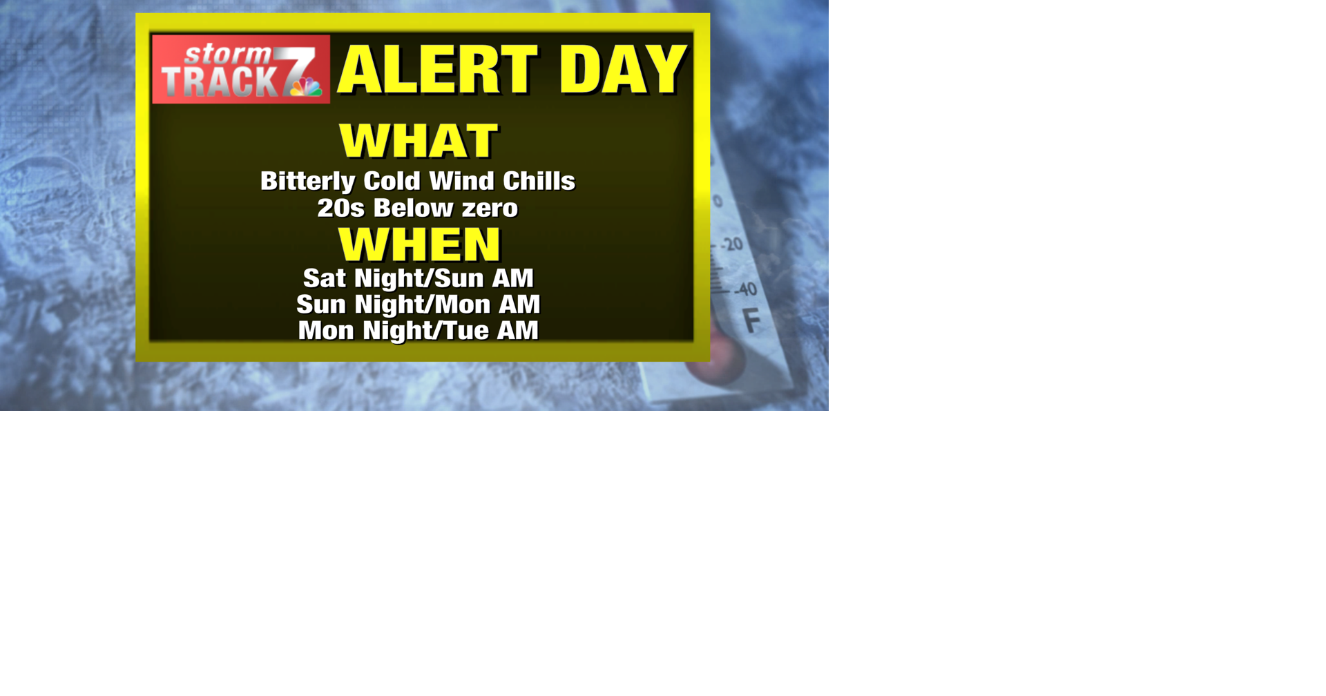 YELLOW ALERT DAYS: Bitterly cold wind chills in the morning Sun/Mon/Tue ...