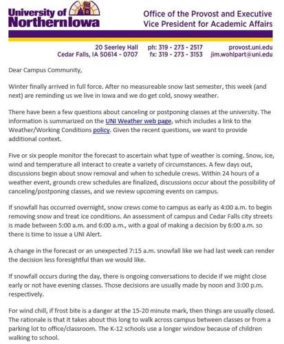 UNI releases statement after cancelling classes this week | News | kwwl.com