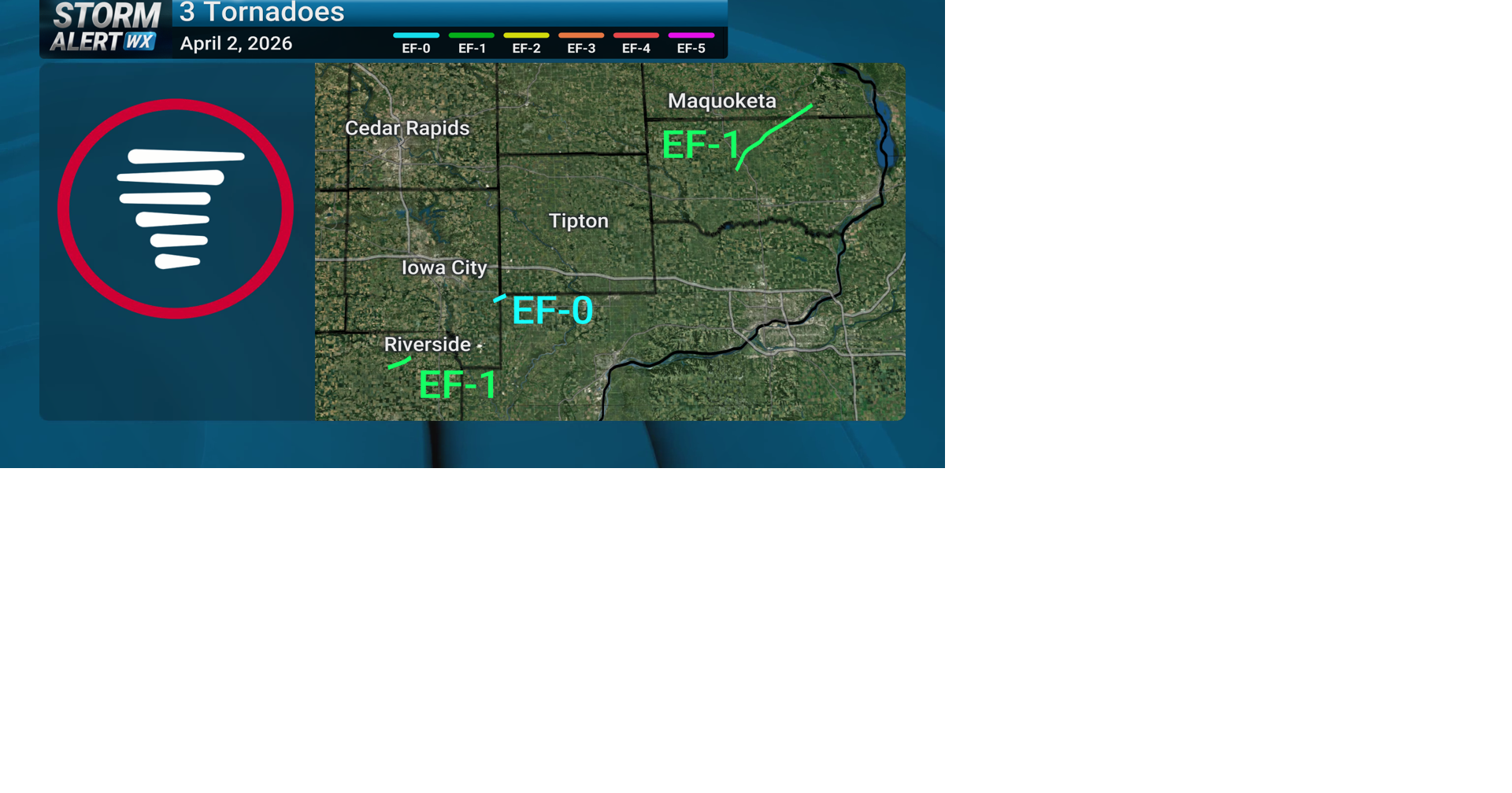 3 Tornados in eastern Iowa Thursday, April 2, 2026