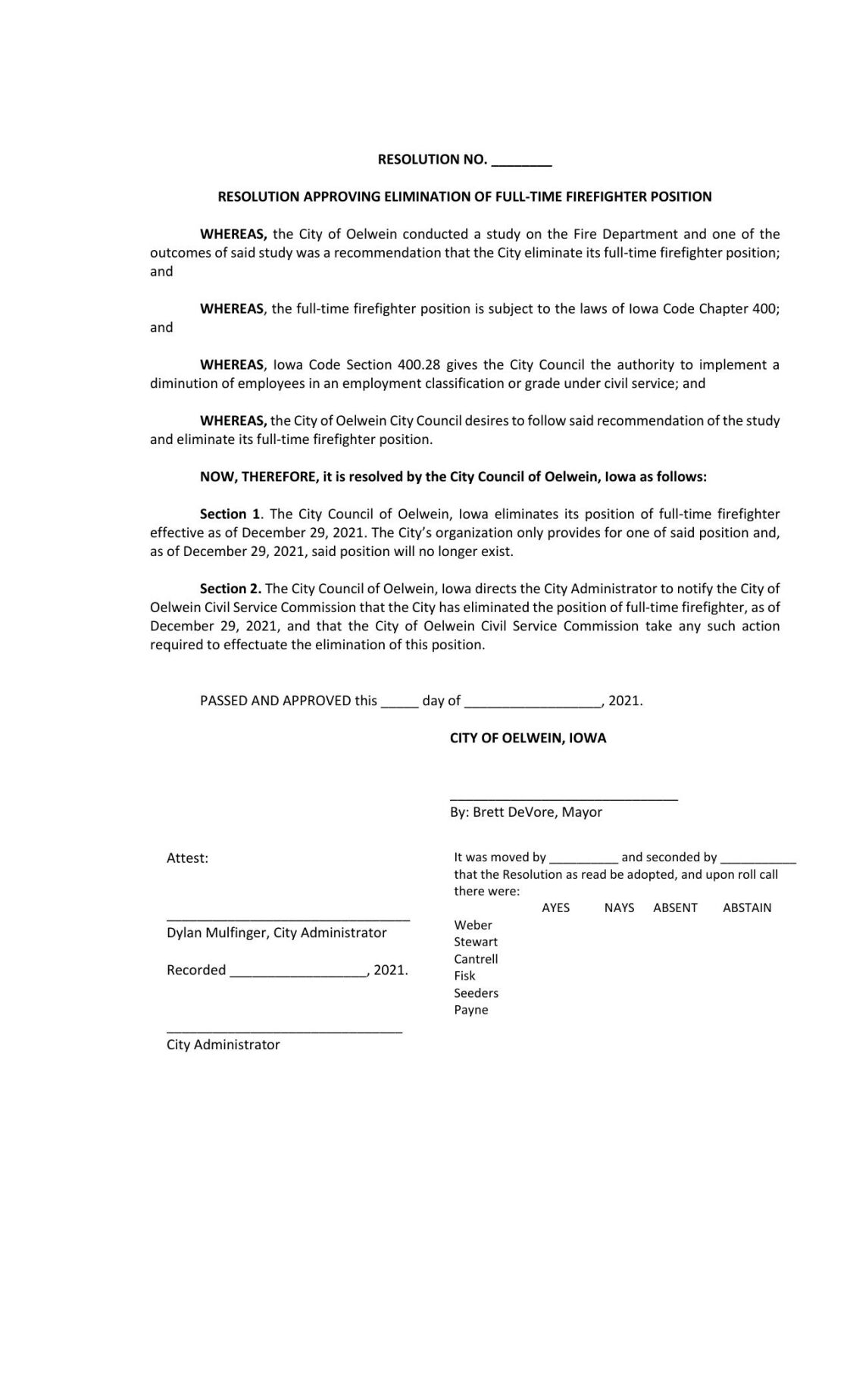 Oelwein Council votes to eliminate fulltime firefighter job Top