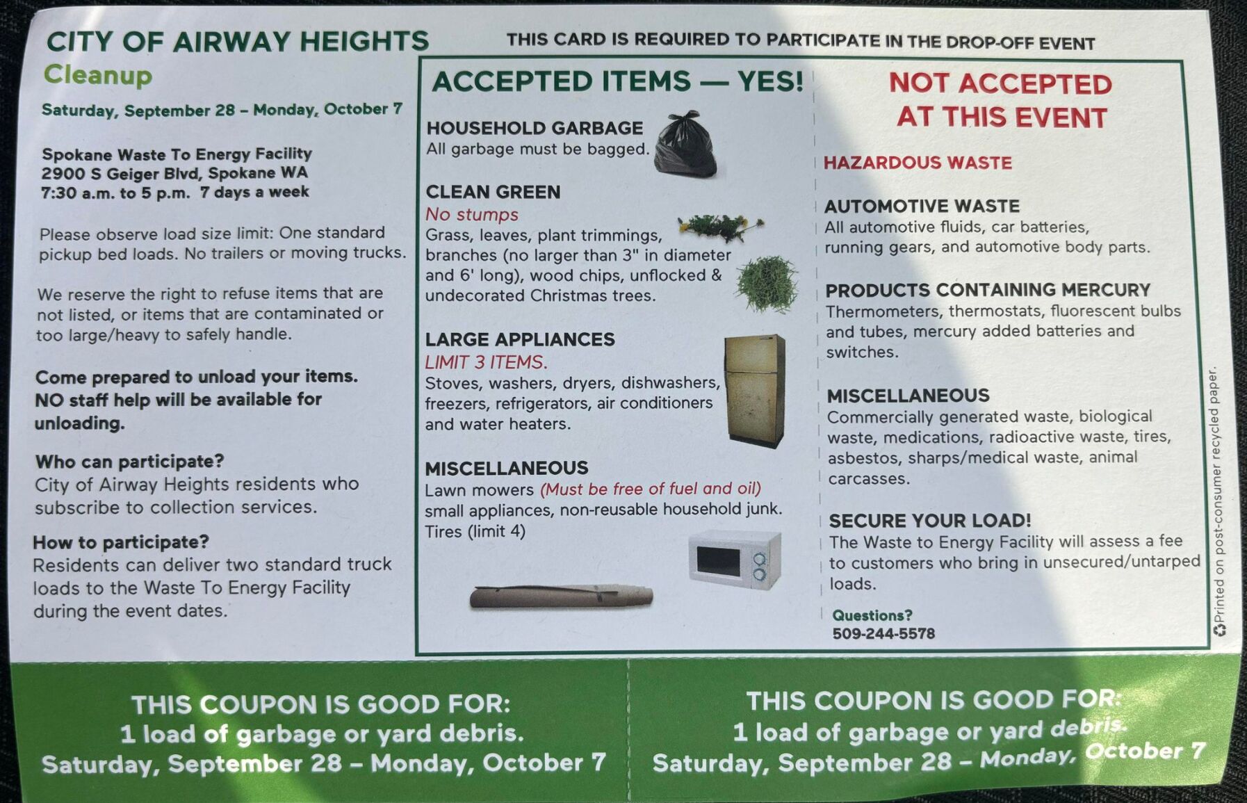 Clean out junk and yard waste: Free Dump Days return to Airway