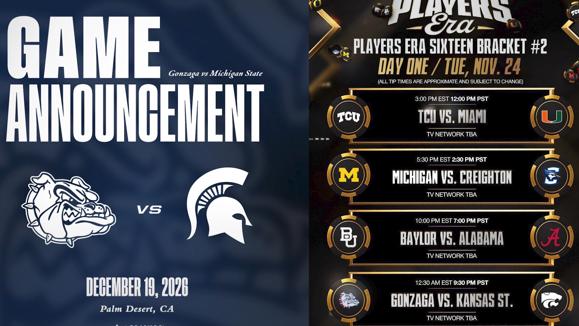 Gonzaga Announces Two More Marquee Non Conference Game Times For 2026 