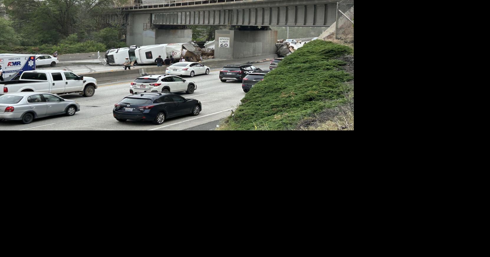 Overturned semi closes lanes on I-90 near Latah Creek Bridge