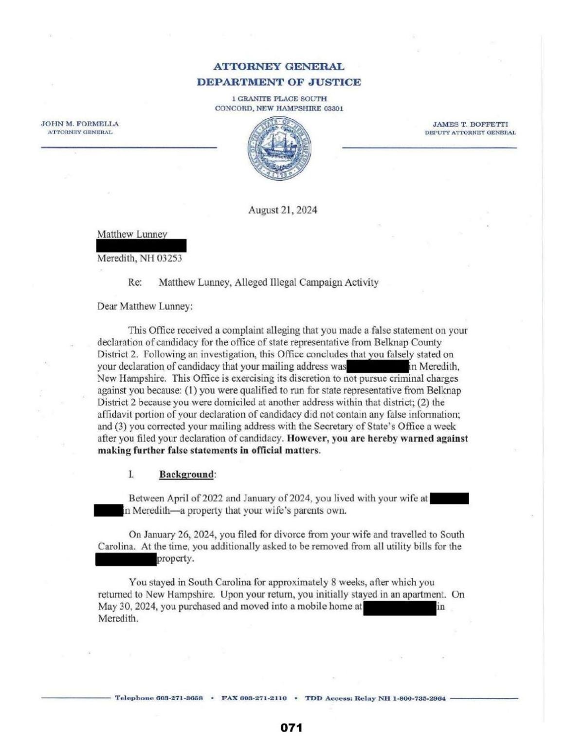 Re: Matthew Lunney, Alleged Illegal Campaign Activity