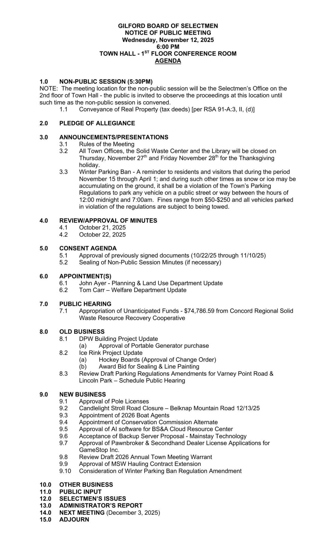 Gilford Selectboard Agenda Nov. 12