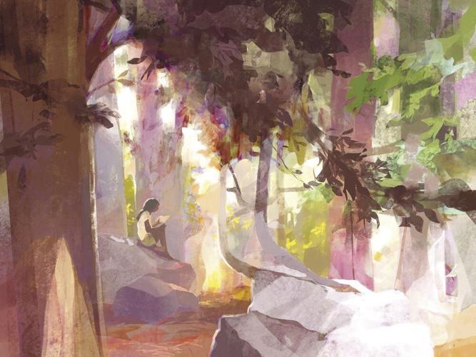 Child reading in the woods
