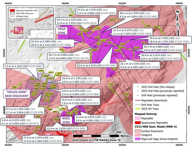 Wide, High-Grade Lithium Intercepts at Vega Zone, and New High-Grade Discovery at CV13