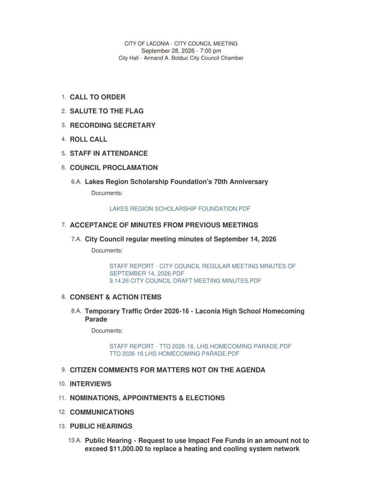 Laconia City Council Agenda Sept. 28