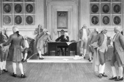 Painting in the Wisconsin State Capitol of 'The Signing of the American Constitution.' George Washington is seen presiding over the occasion, and on the right in the foreground is James Madison.