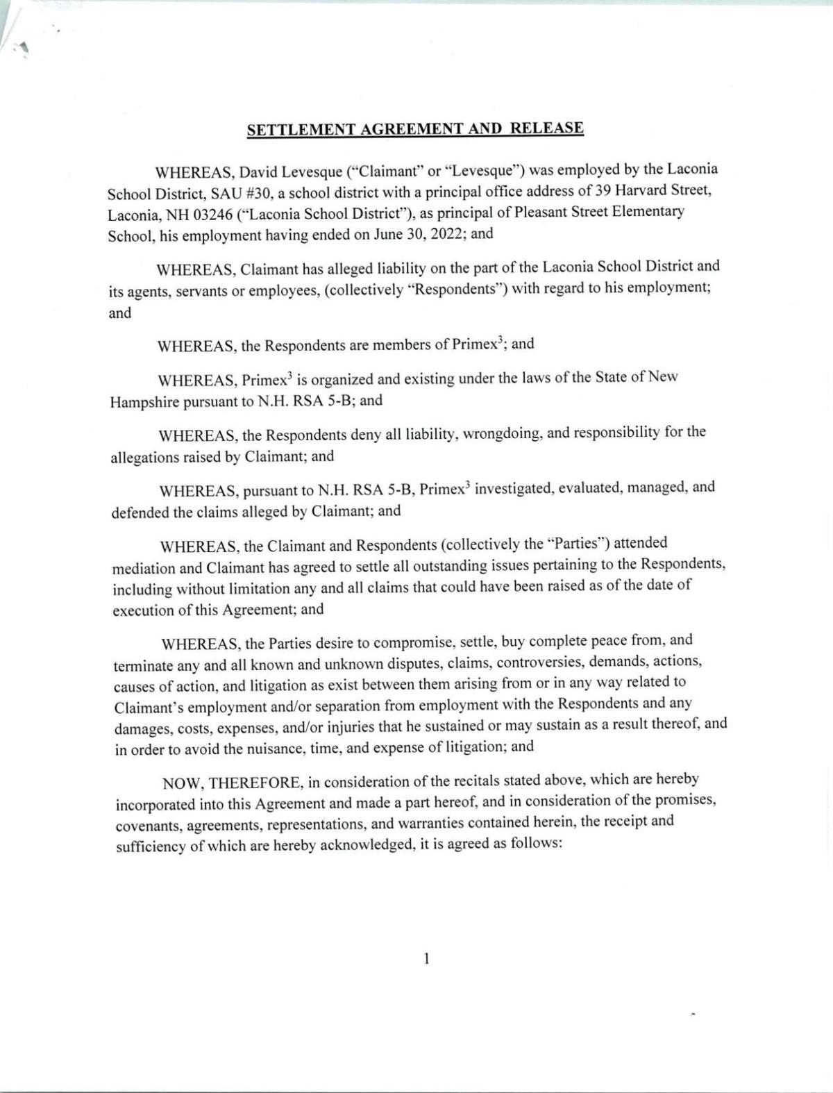 Executed Settlement Agreement RE David Levesque
