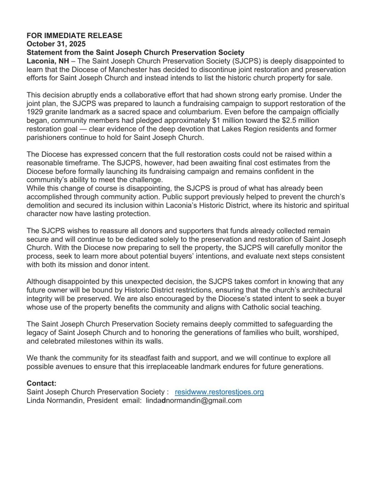 Statement from Saint Joseph Church Preservation Society