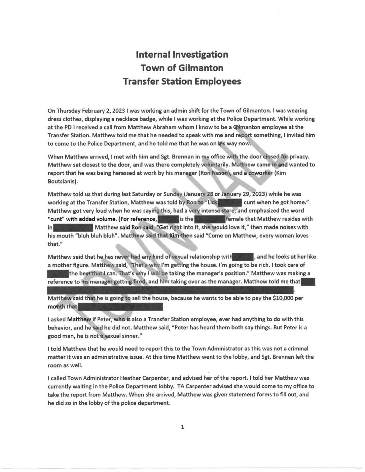 Gilmanton Transfer Station internal investigation