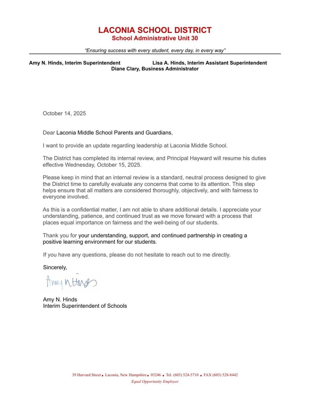 Laconia Middle School leadership update letter Oct. 14