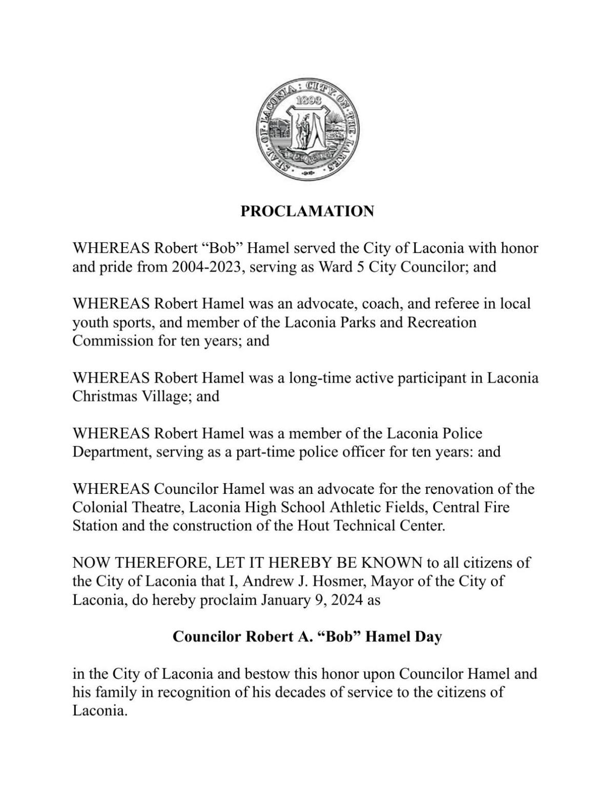 Councilor Robert A. "Bob" Hamel Day proclamation
