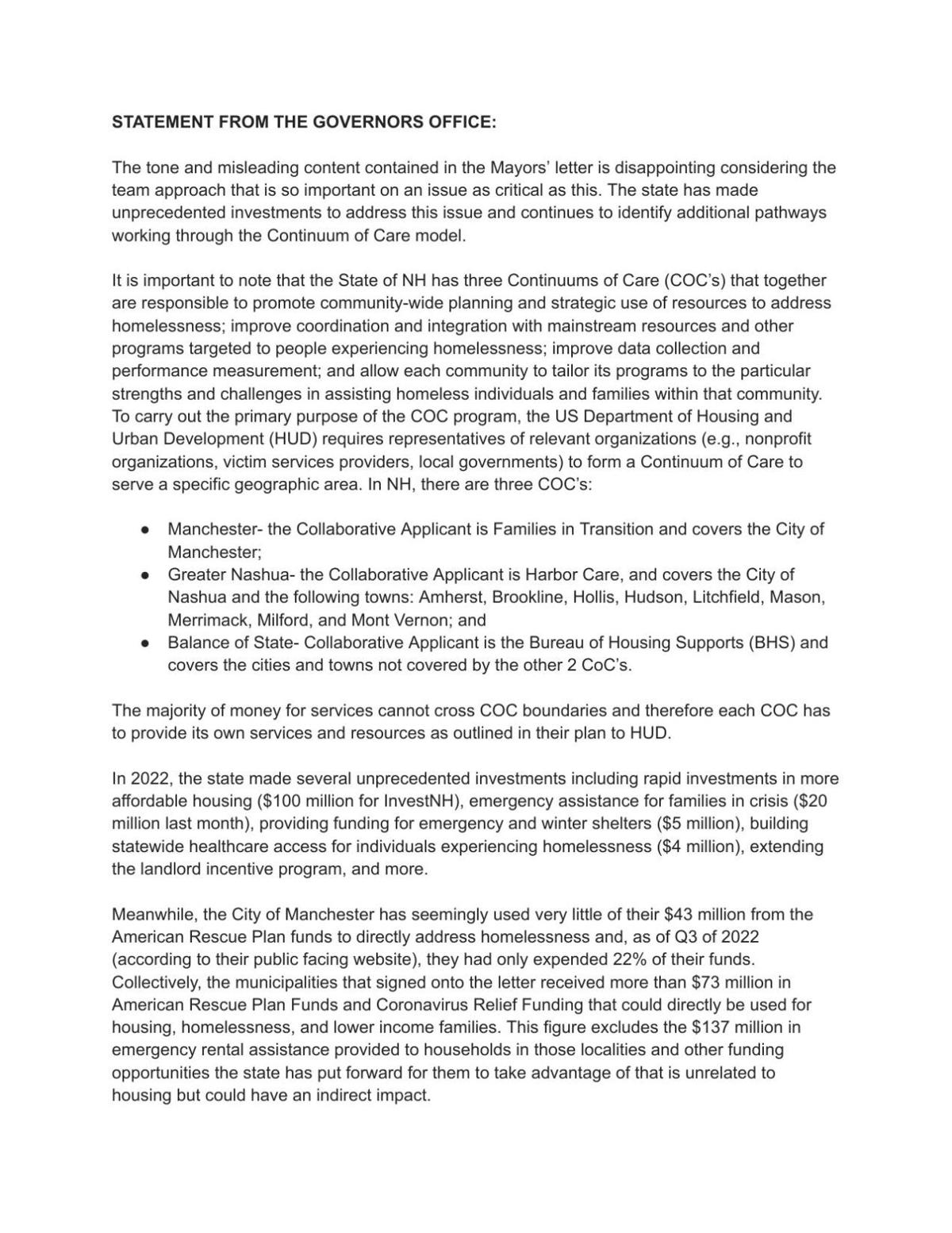 Statement from the Governors Office