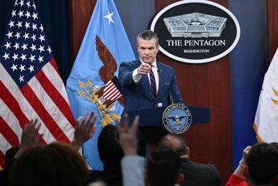 Secretary of Defense Pete Hegseth responds to questions about the Iran war in a March 2, 2026, press conference.