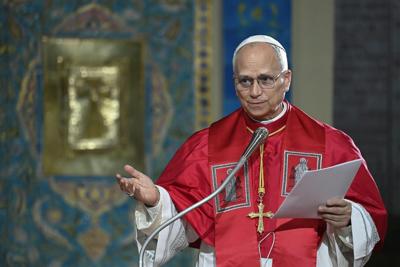 Pope Leo XIV, whose first encyclical discusses artificial intelligence, speaks at the Basilica of Our Lady of Africa on April 13, 2026 in Algiers, Algeria.