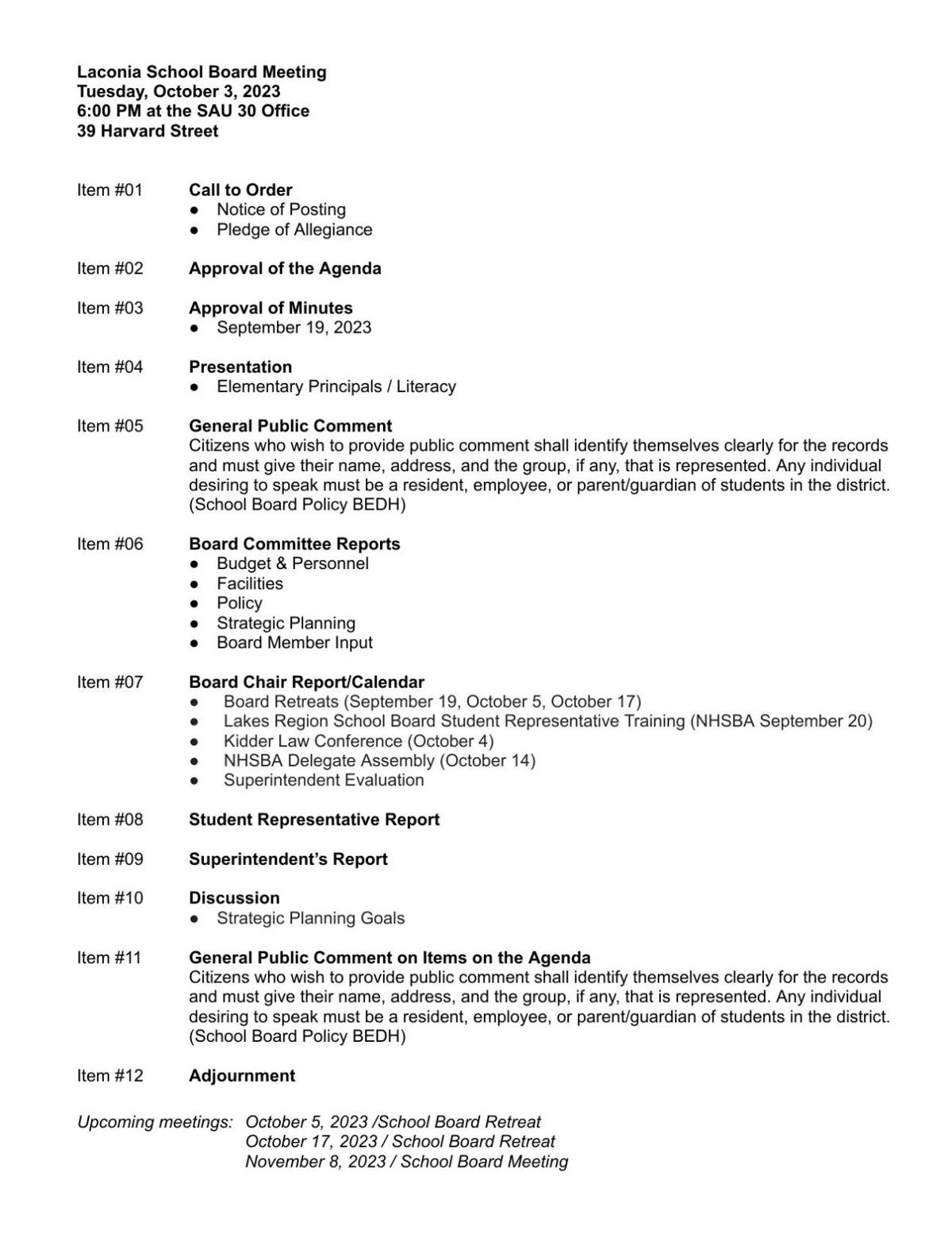 Laconia School Board Packet Oct. 3, 2023 | Local News | laconiadailysun.com