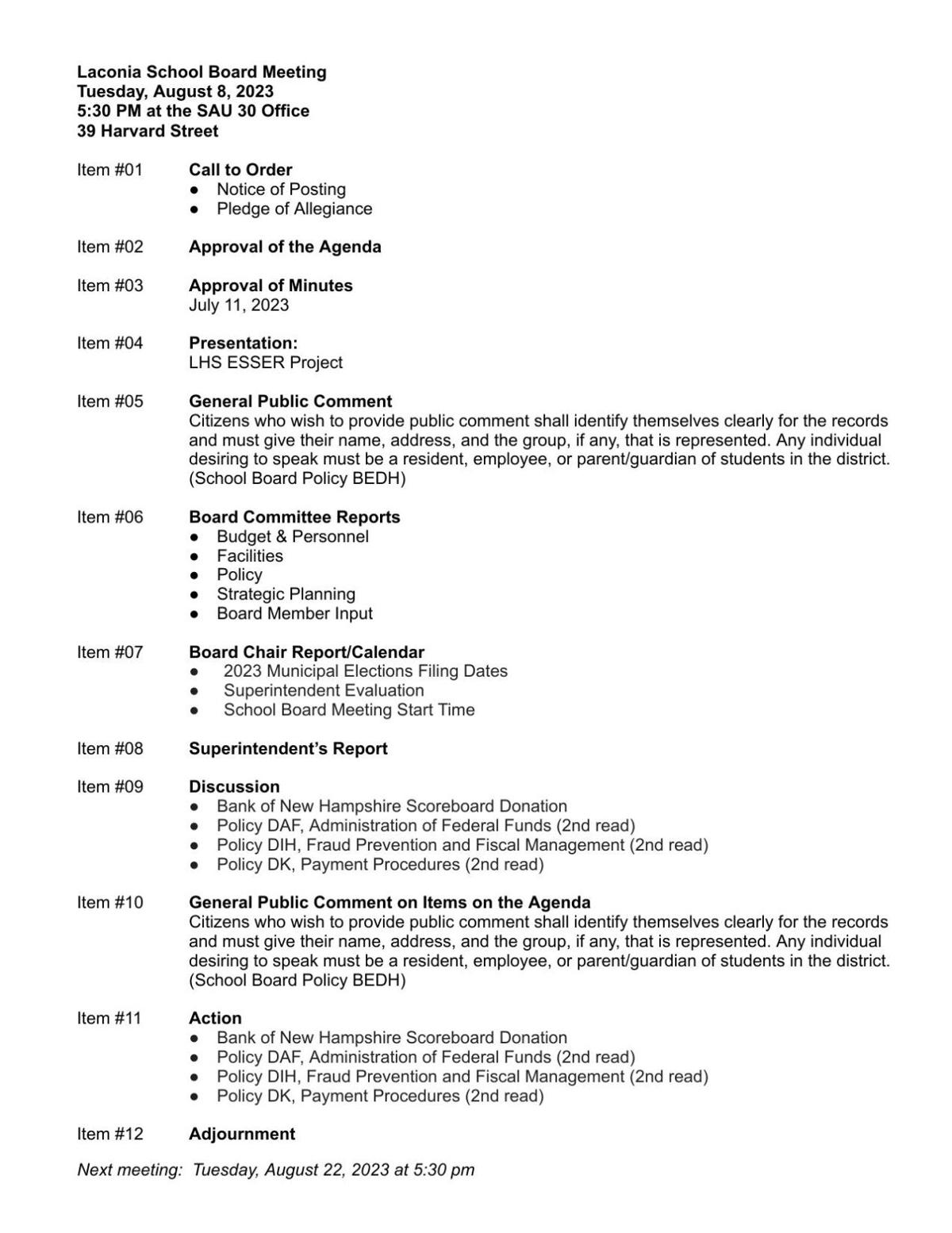 Laconia School Board Packet for Aug. 8
