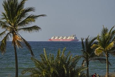 A vessel heads toward the Strait of Hormuz on April 8, 2026.