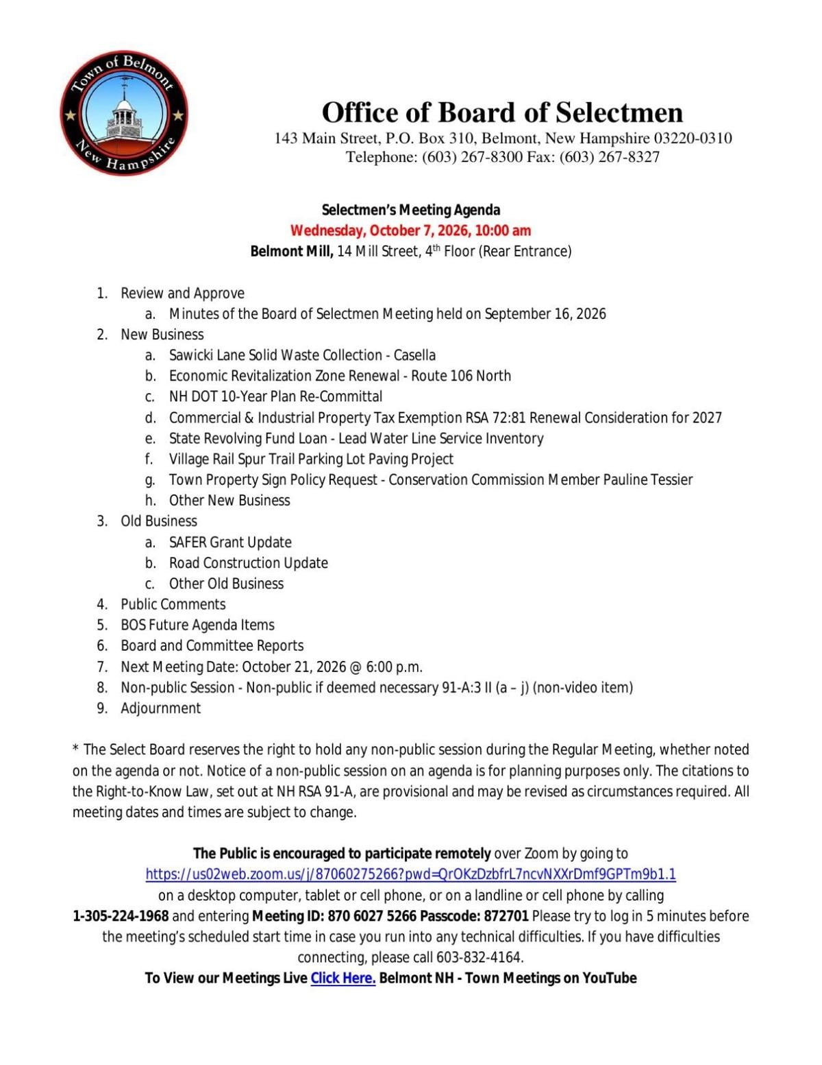 Selectboard Meeting Agenda Wednesday, Oct. 7