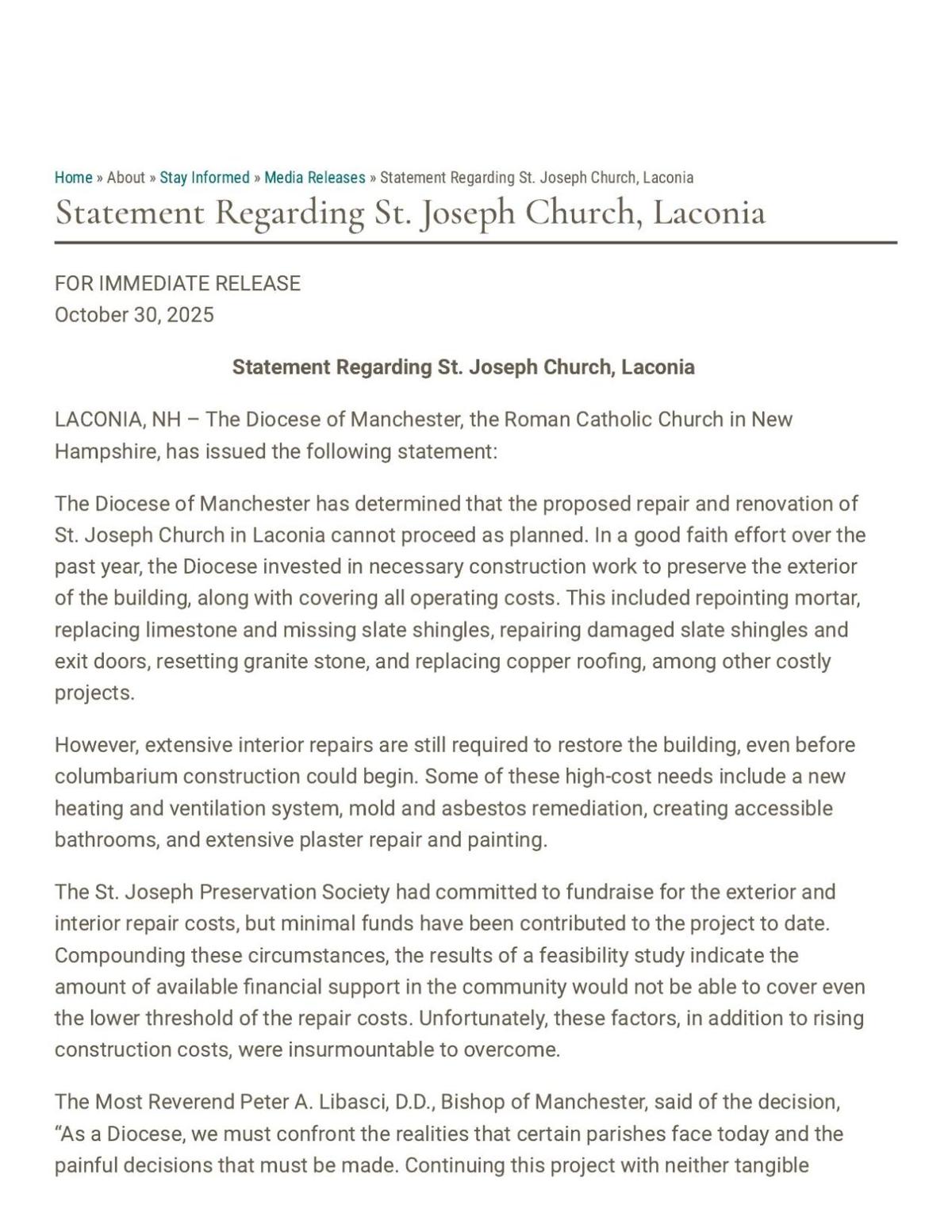 Statement Regarding St. Joseph Church, Laconia - Diocese of Manchester
