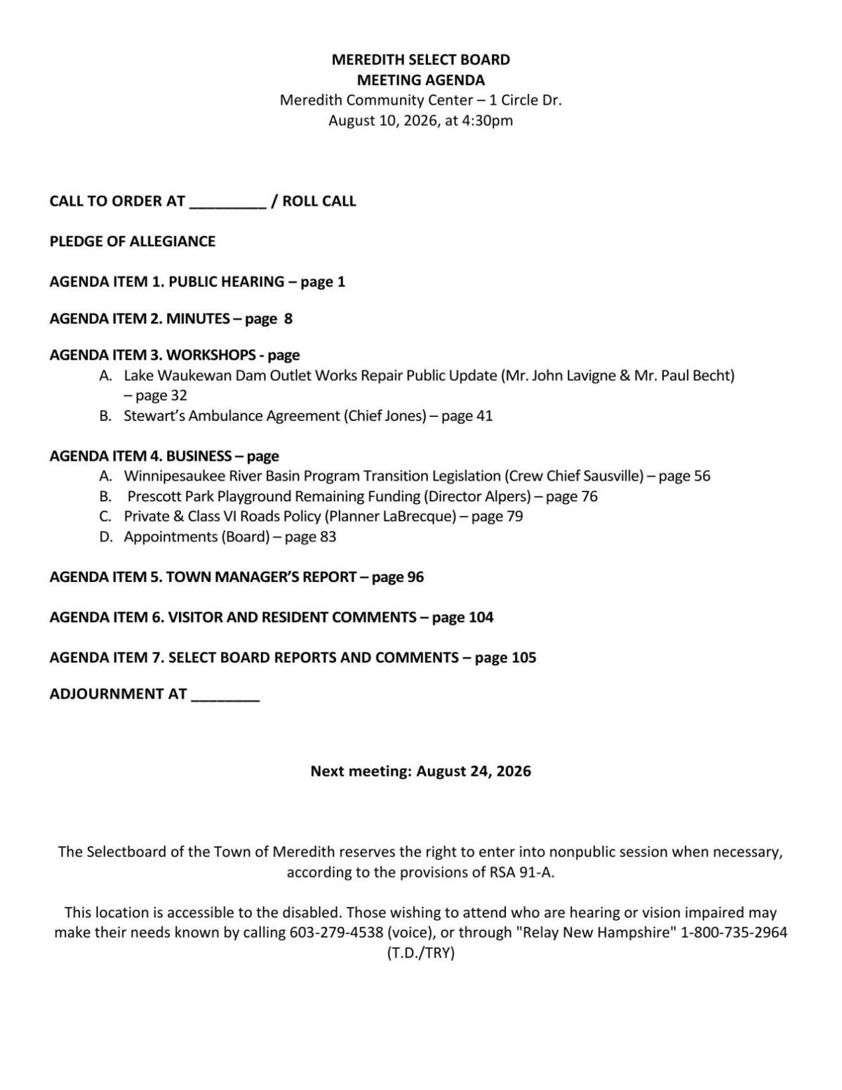 Aug. 10 Selectboard Packet