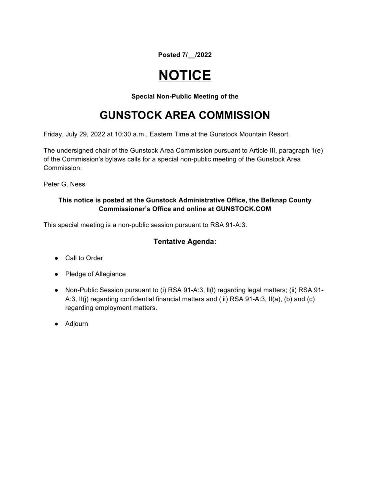 Gunstock Area Commission July 29 Meeting Notice