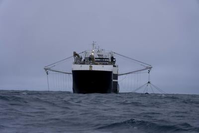 A trawler fishes for krill in the Southern Ocean.