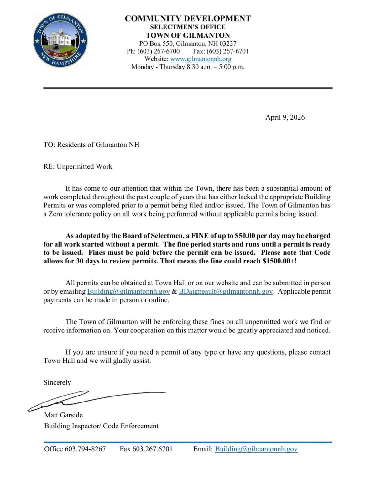 RE Unpermitted work