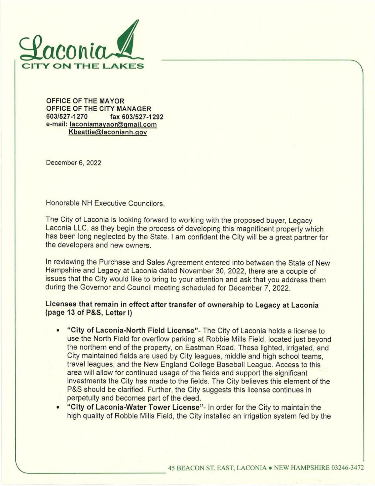 City of Laconia letter to Executive Council Dec. 6