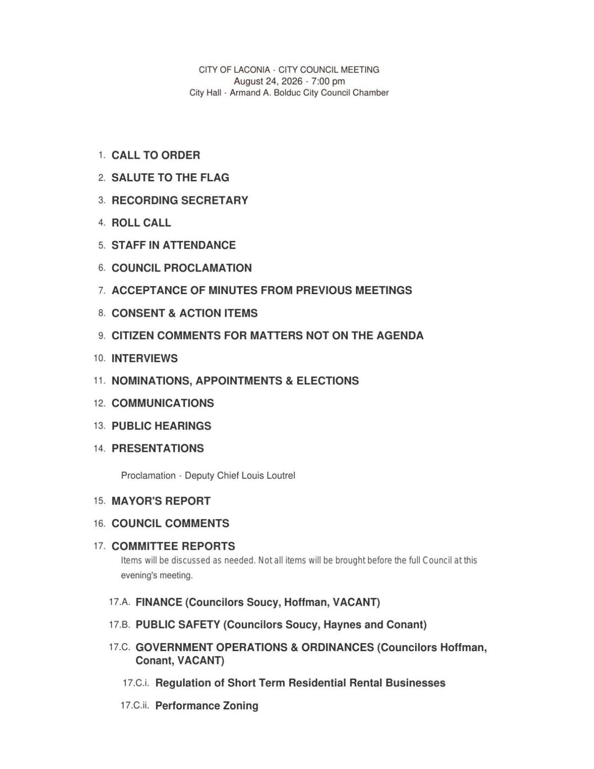 Aug. 24 Laconia City Council Meeting Agenda