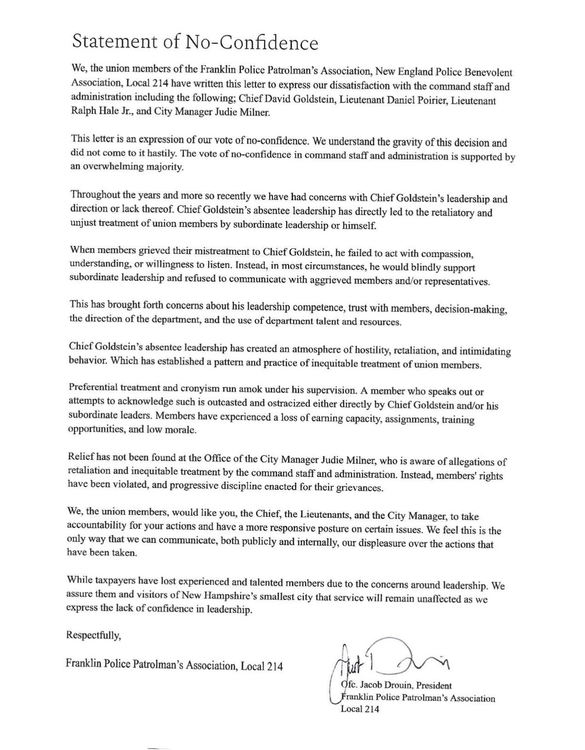 Statement of No Confidence