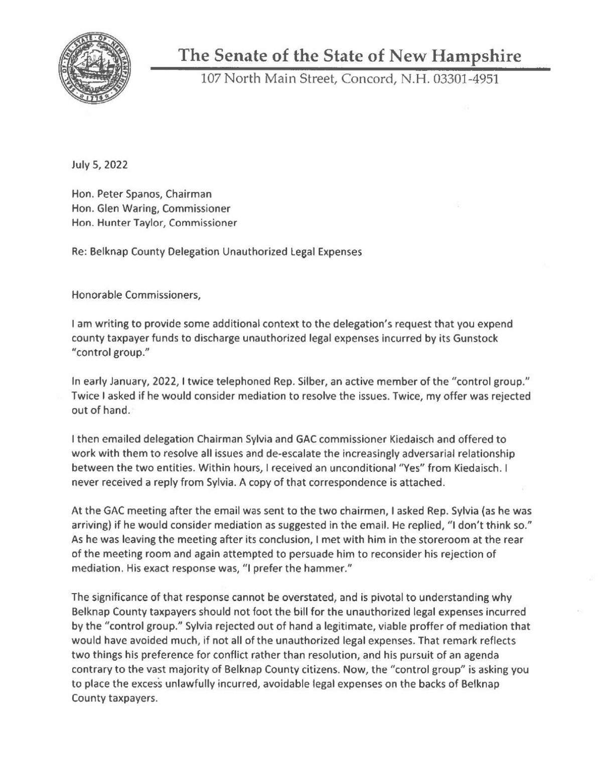 Sen. Bob Giuda's letter to Belknap County Commissioners