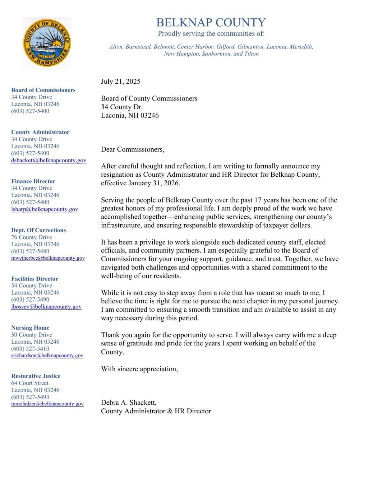 Debra Shackett resignation letter July 21, 2025