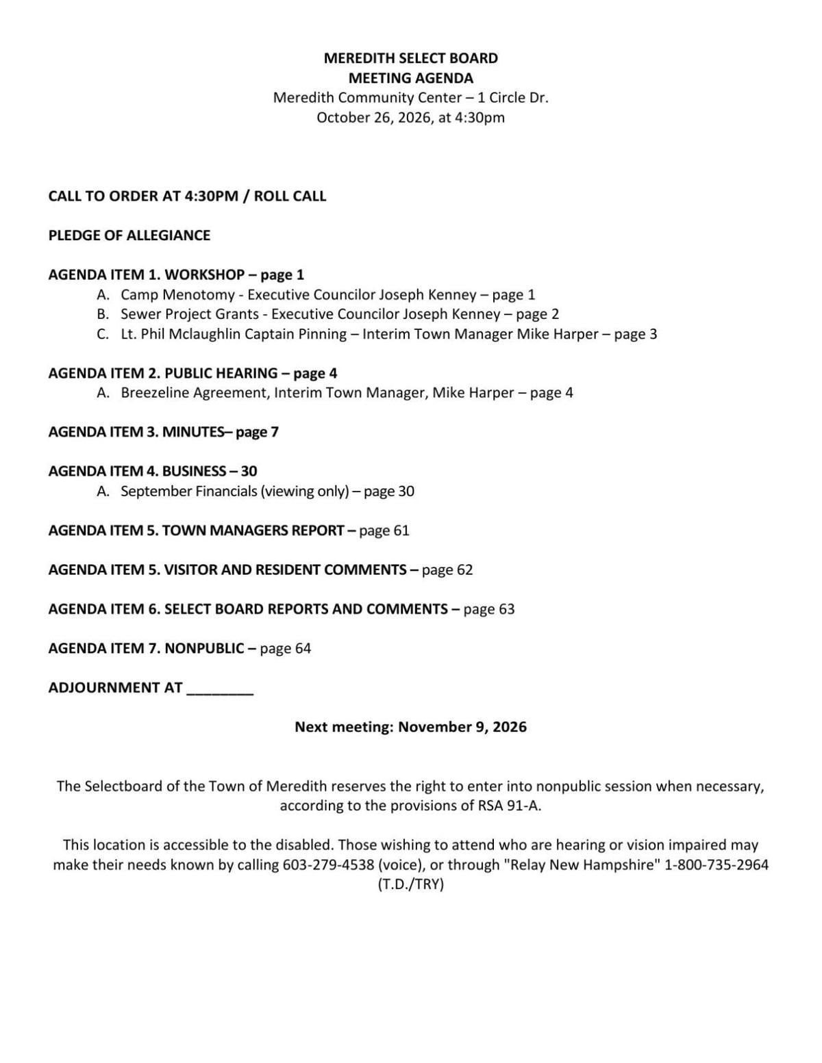 Meredith Selectboard Meeting Agenda Oct. 26
