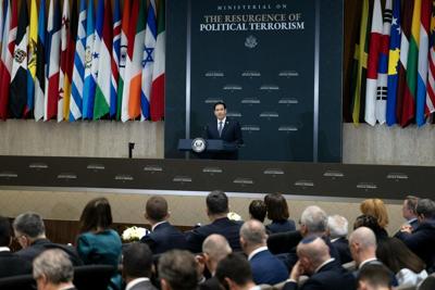 Secretary of State Marco Rubio speaks during the political terrorism conference on July 16, 2026, in Washington.