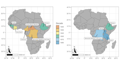 Coffee wilt disease has spread widely in Africa. The first outbreak before the 1950s affected mainly central and western Africa (left map) while the second outbreak originated in central Africa and spread east (right map). Affected countries are colored...