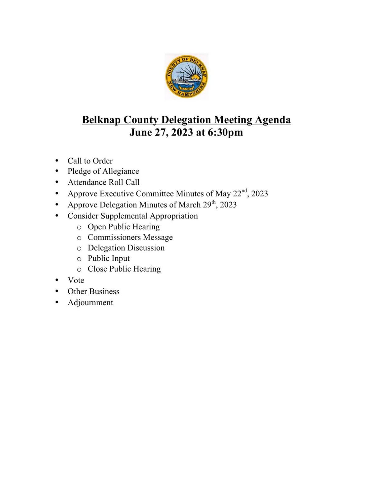 Belknap County Delegation Meeting June 27