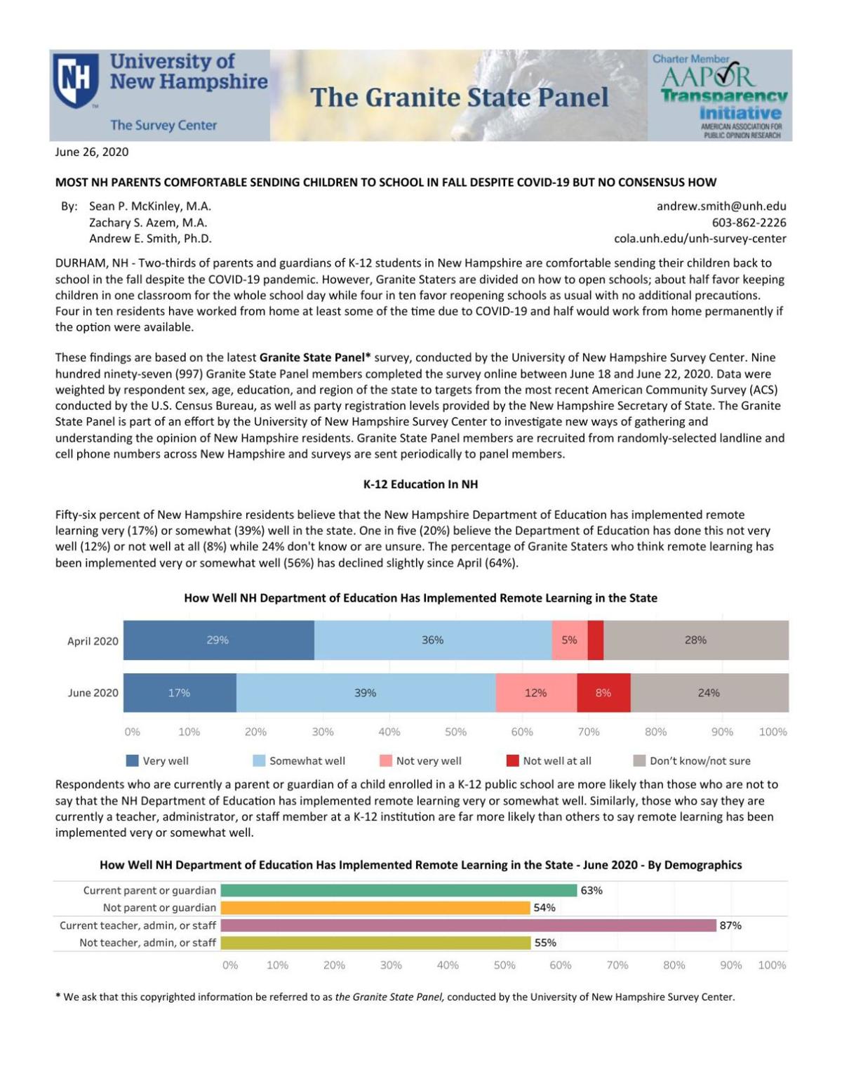 MOST NH PARENTS COMFORTABLE SENDING CHILDREN TO SCHOOL IN FALL DESPITE COVID-19 BUT NO CONSENSUS HOW