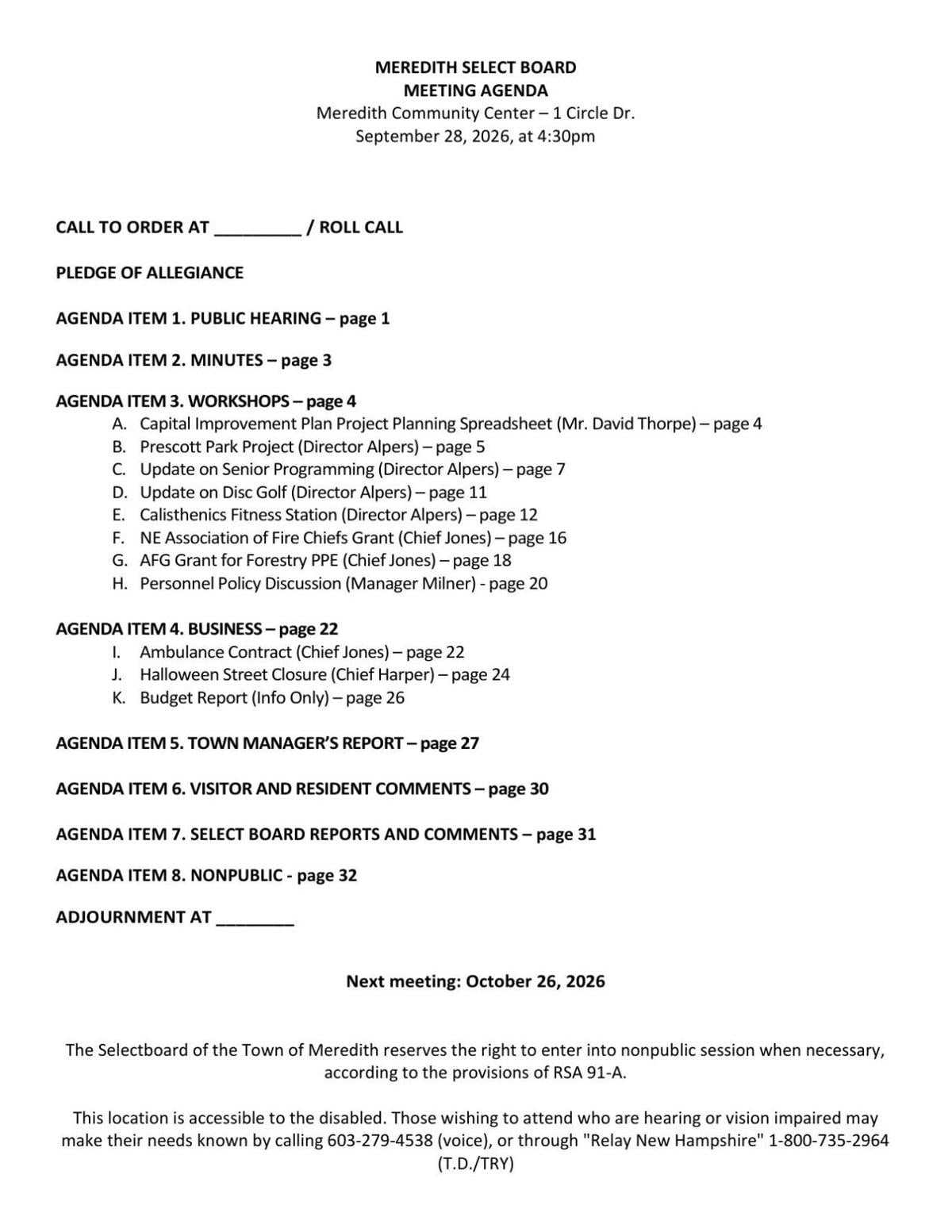 Meredith Selectboard Meeting Agenda Sept. 28