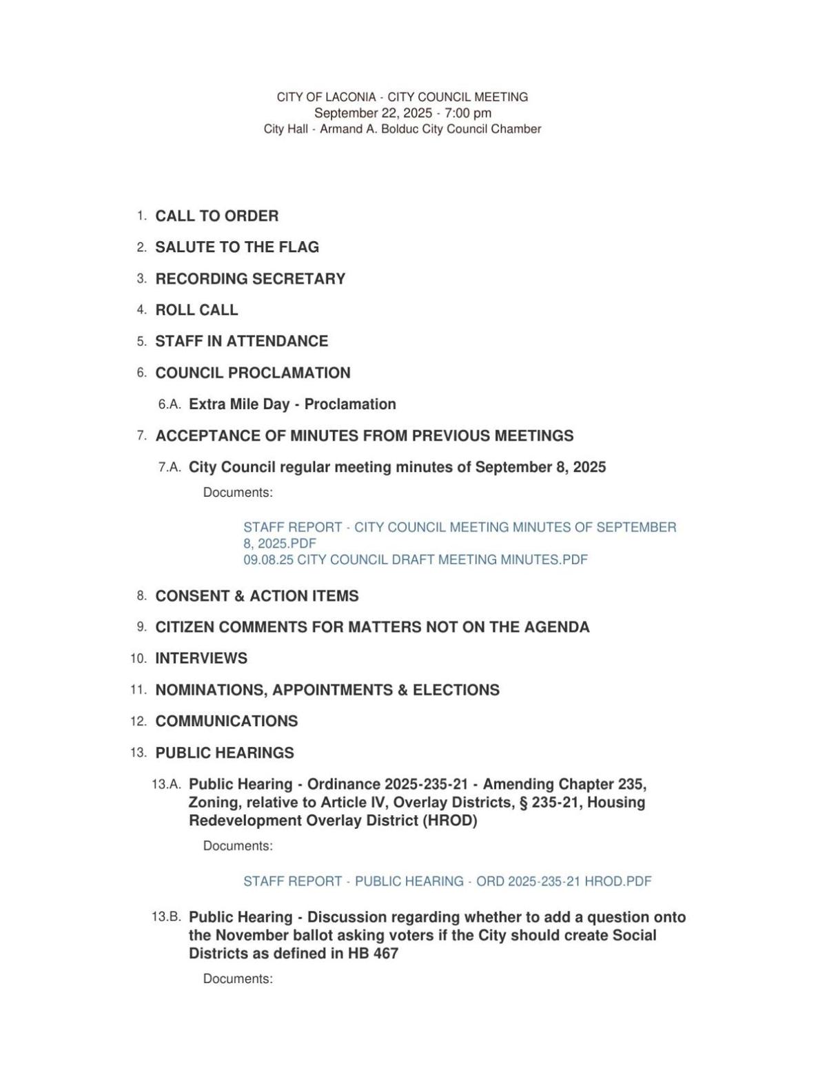 CITY COUNCIL MEETING September 22, 2025 Agenda