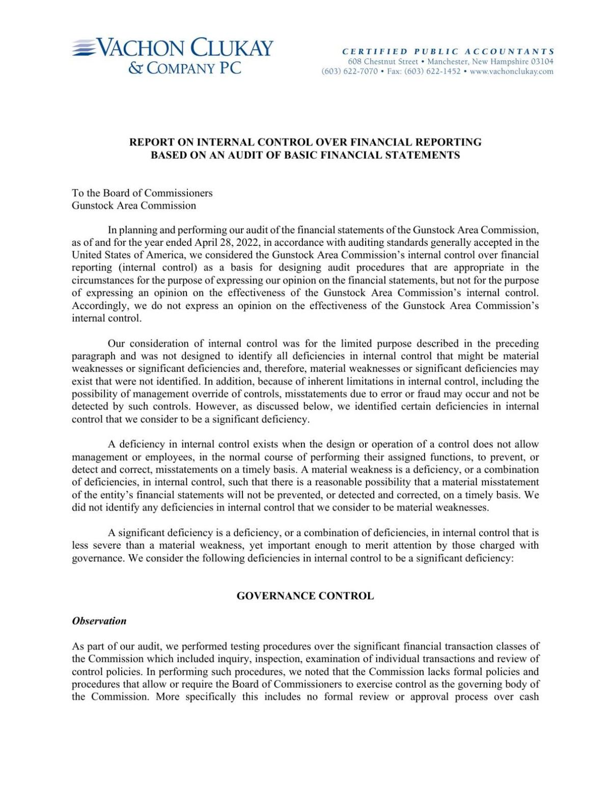 Gunstock Internal Control Letter 2022