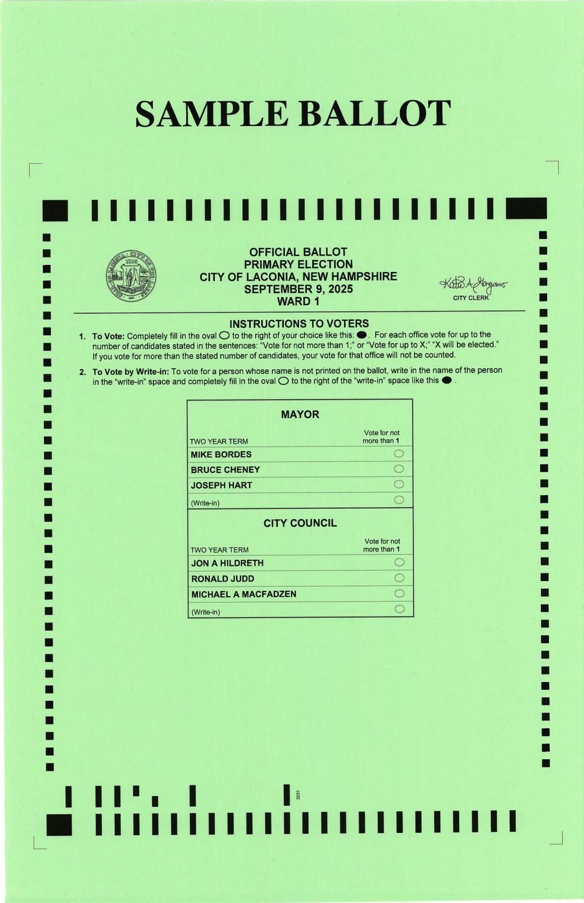 Laconia Municipal Primary 2025 Sample Ballot