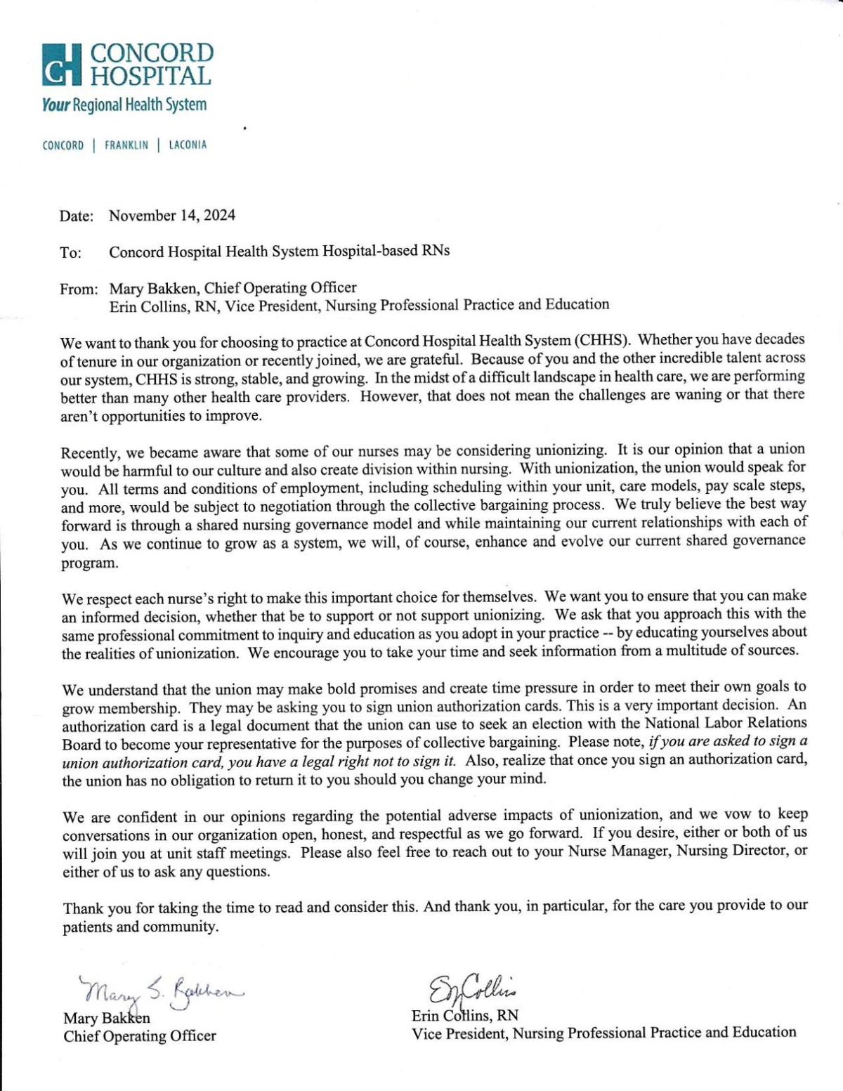 Concord Hospital letter